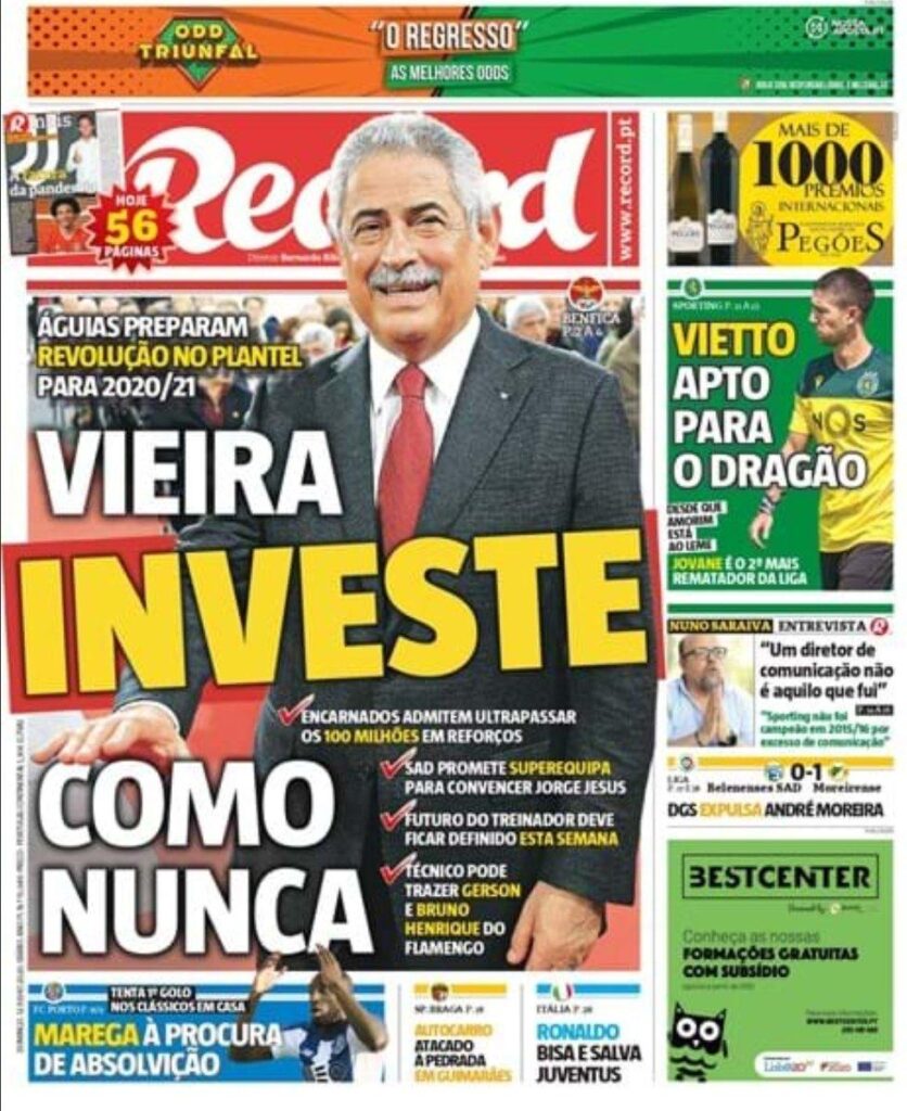 Diário Record noticia o interesse do Benfica em Jorge Jesus, do Flamengo. Gerson e Bruno Henrique também  na pauta do clube português 