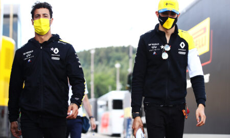 SPA, BELGIUM - AUGUST 27: Daniel Ricciardo of Australia and Renault Sport F1 and Esteban Ocon of France and Renault Sport F1 walk in the paddock during previews ahead of the F1 Grand Prix of Belgium at Circuit de Spa-Francorchamps on August 27, 2020 in Spa, Belgium. (Photo by Mark Thompson/Getty Images)