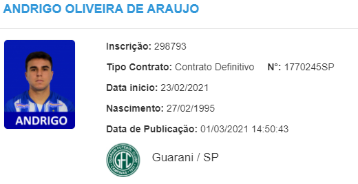 Guarani inscreve Andrigo para disputa do Campeonato Paulista