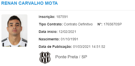 Ponte Preta inscreve Renan Mota no Campeonato Paulista