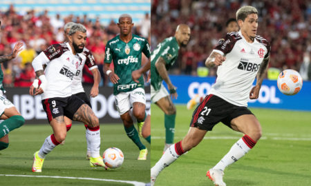 edição: do lado esquerdo tem uma foto do Gabigol e do lado direito uma foto do Pedro. Ambas do jogo contra o Palmeiras na final da Libertadores