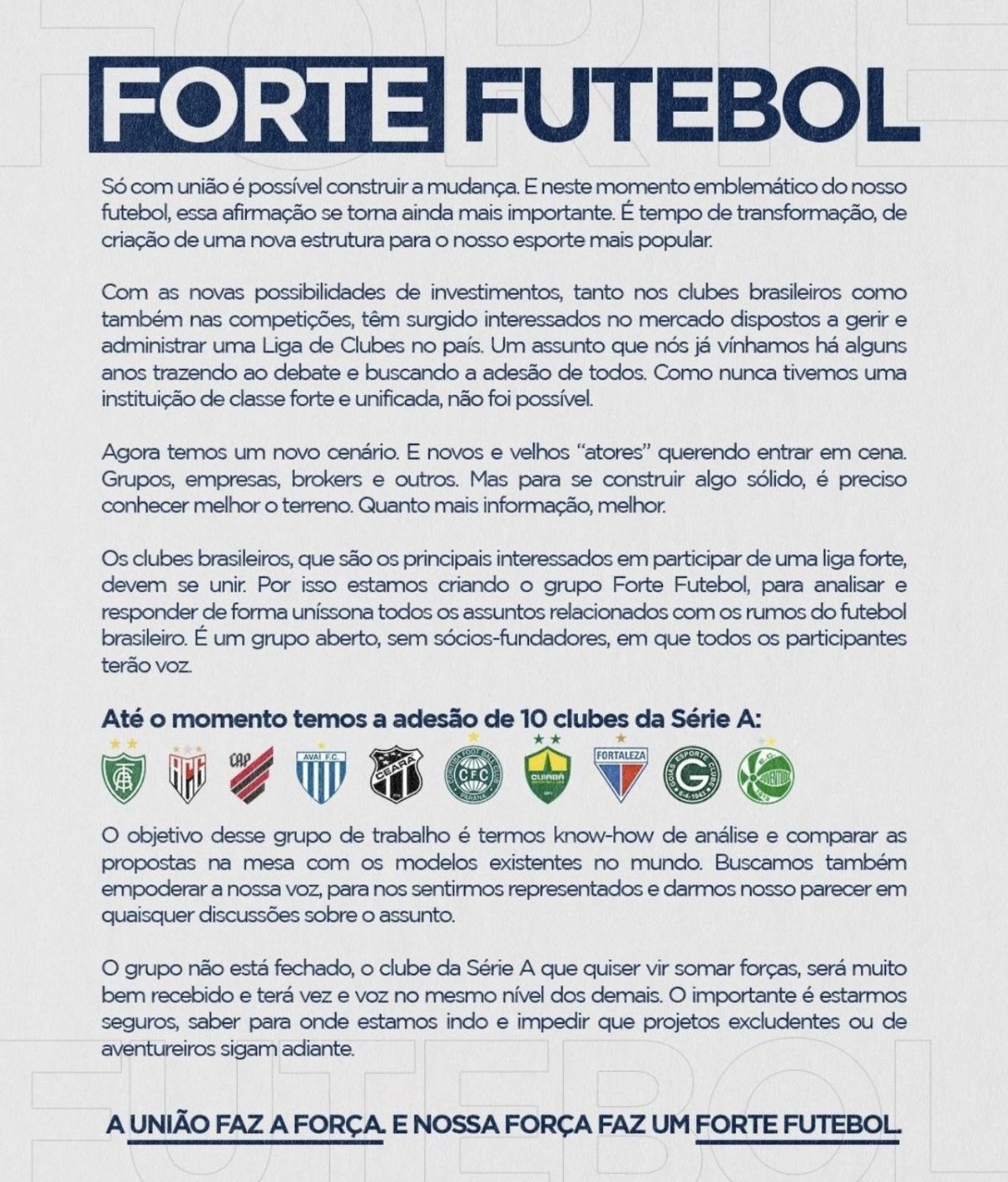 Clubes anunciam intenção de criar Liga para organizar o Campeonato