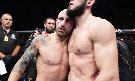 Islam Makahachev e Alexander Volkanovski (Foto: Divulgação/Twitter Oficial UFC)
