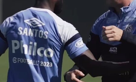 Turra e Mendoza em treino do Santos (Foto:Reprodução/SantosTV)