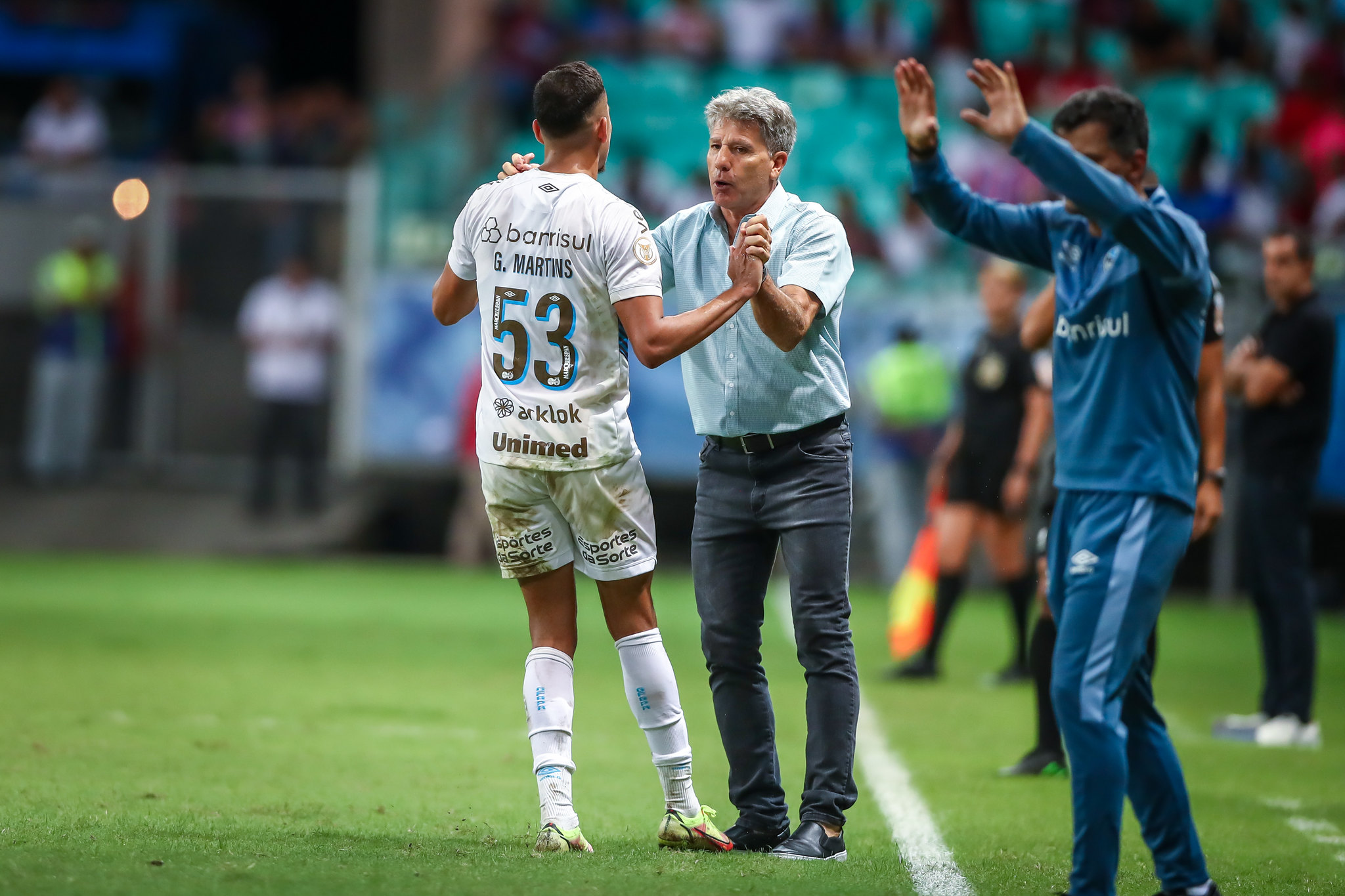 Renato celebra gol de Gustavo Martins (Foto: Divulgação/Grêmio)