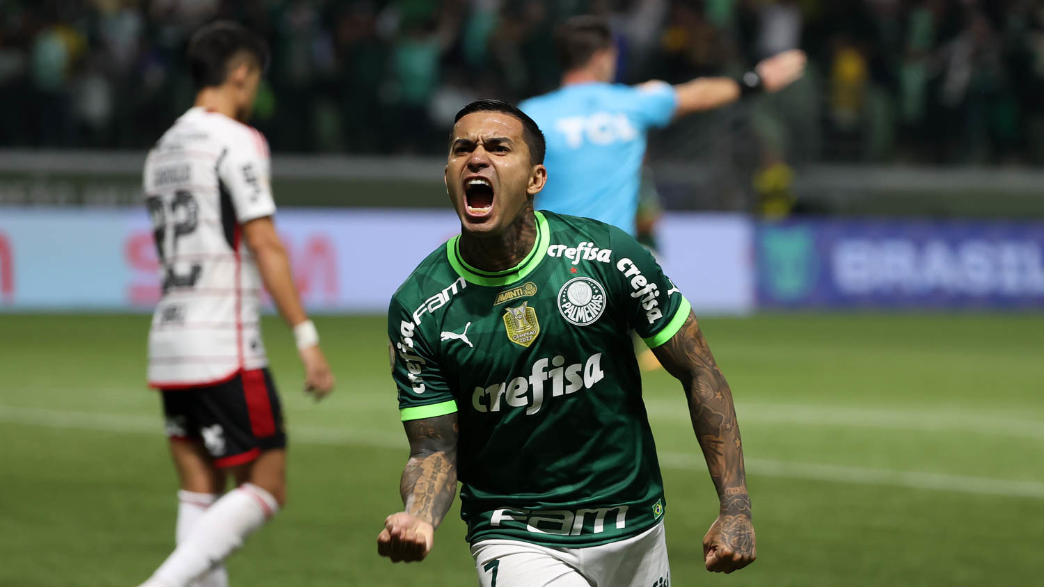 Dudu durante a comemoração do primeiro gol da partida. FOTO: Cesar Greco/Palmeiras