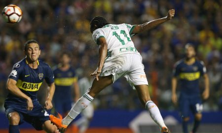Atacante Keno durante cabeceio para abrir o placar para o Palmeiras na Libertadores de 2018. (FOTO: Cesar Greco/Palmeiras).