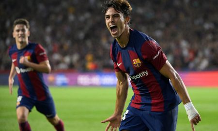 João Felix comemorando seu primeiro gol pelo Barcelona (Foto: JOSEP LAGO/AFP via Getty Images)