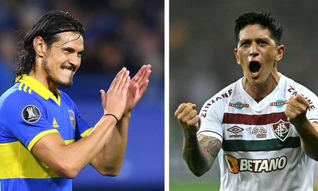 Cavani e Cano fazem duelo à parte entre Boca e Fluminense (Fotos: Getty Images)