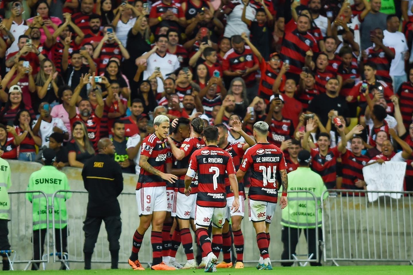 Elenco e torcida Flamengo Foto: Marcelo Cortes / CRF