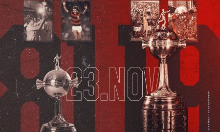 Flamengo comemorando as duas conquistas da Libertadores no mesmo dia Reprodução