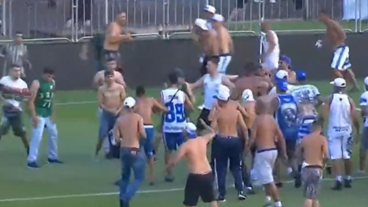 Torcidas organizadas de Coritiba e Cruzeiro entraram em confronto nos gramados da Vila Capanema (Foto: Reprodução/Premiere)