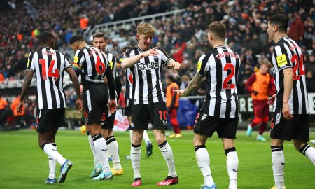 Jogadores celebram o gol do Newcastle (Foto: Clive Brunskill/Getty Images)