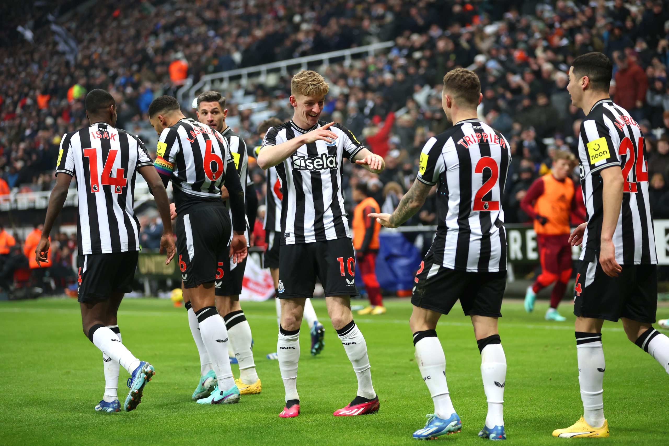 Jogadores celebram o gol do Newcastle (Foto: Clive Brunskill/Getty Images)