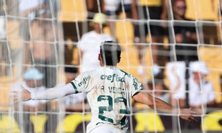 Raphael Veiga durante comemoração de seu gol diante do Novorizontino. (FOTO: CESAR GRECO/PALMEIRAS).