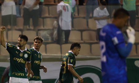 Comemoração do primeiro gol do Palmeiras na partida. (Foto: Cesar Greco/Palmeiras).