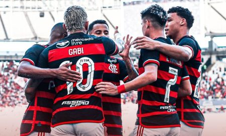 Gabigol, Pedro e Ayrton Lucas marcaram para o Flamengo (Foto: Reprodução / Twitter Flamengo)
