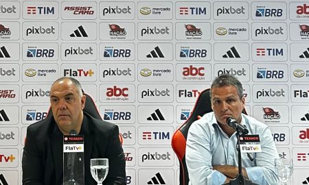 Marcos Braz e Bruno Spindel conversam com a imprensa no CT Ninho do Urubu Foto: Vinícius Azevedo / ENM