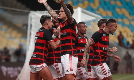 Elenco do Flamengo comemorando um dos gols desta noite Foto: Flamengo