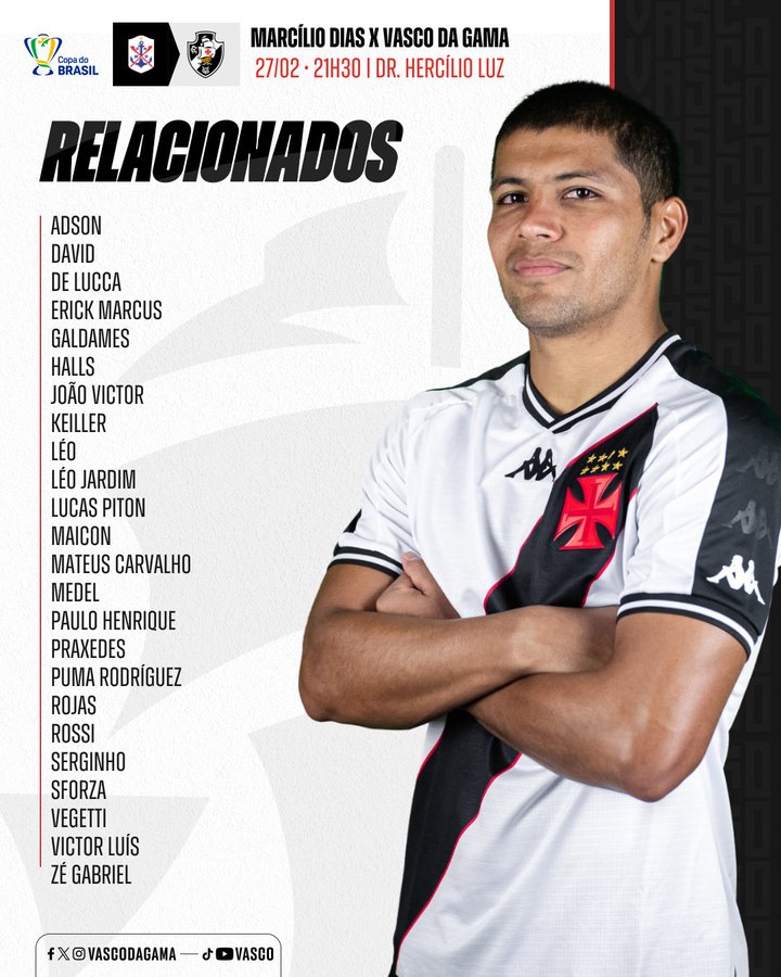 Lista de convocados para Vasco x Marcílio Dias. (Foto: Divulgação Vasco)