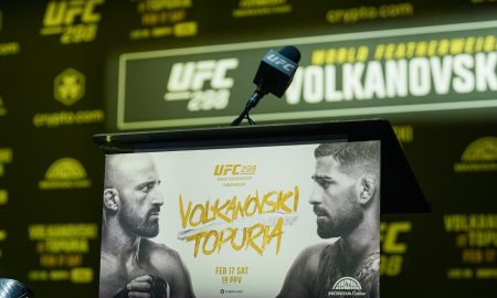 Pódio da coletiva do UFC 298 (Foto: Divulgação/UFC)