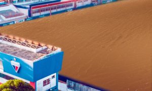 Simulação do Estádio Alcides Santos inundado. (Foto: Reprodução/Fortaleza)