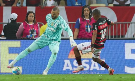 Goleiro Weverton durante partida contra o Flamengo. (Foto: Cesar Greco/Palmeiras).