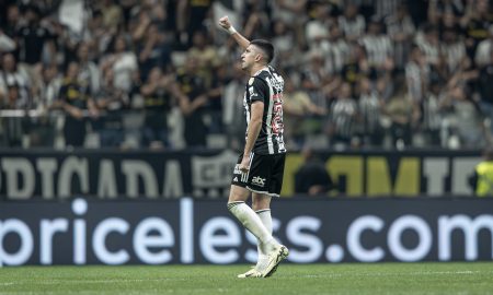 Battaglia comemora o gol contra o San Lorenzo na Copa Libertadores. Foto: Pedro Souza/Atlético-MG