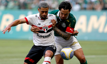 Wellington Rato e Gustavo Gómez no clássico Palmeiras e São Paulo em 2024 (Foto: Rubens Chiri / saopaulofc)