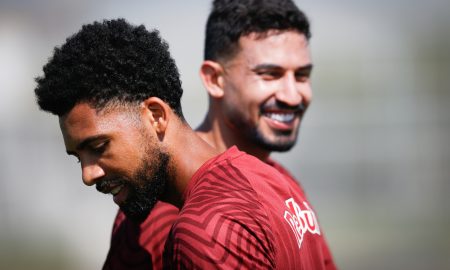 Pedro Henrique e Matheus Fernandes, jogadores do Red Bull Bragantino. (Foto: Ari Ferreira/Red Bull Bragantino)