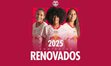 Débora, Lelê e Brenda, jogadoras do time feminino do Red Bull Bragantino. (Foto: Divulgação/Red Bull Bragantino)