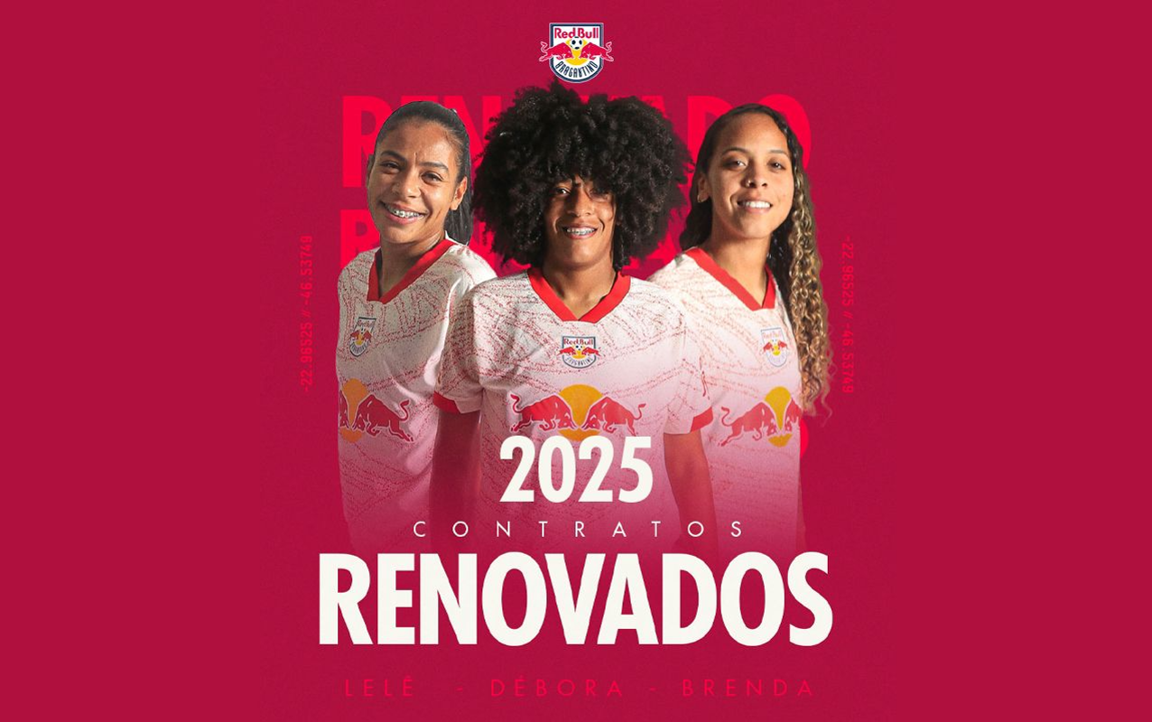 Débora, Lelê e Brenda, jogadoras do time feminino do Red Bull Bragantino. (Foto: Divulgação/Red Bull Bragantino)