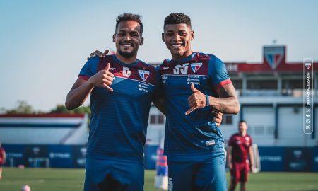 Bruno Pacheco e Hércules em treino do Fortaleza. (Foto: Matheus Lotif/FEC)