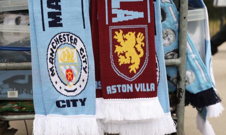 MANCHESTER, ENGLAND - FEBRUARY 12: Manchester City and Aston Villa scarves are seen prior to the Premier League match between Manchester City and Aston Villa at Etihad Stadium on February 12, 2023 in Manchester, England. (Photo by Clive Brunskill/Getty Images)