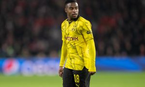 EINDHOVEN, NETHERLANDS - FEBRUARY 20: Youssoufa Moukoko of Borussia Dortmund looks dejected during the UEFA Champions League 2023/24 round of 16 first leg match between PSV Eindhoven and Borussia Dortmund at Philips Stadion on February 20, 2024 in Eindhoven, Netherlands. (Photo by Christian Kaspar-Bartke/Getty Images)