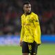 EINDHOVEN, NETHERLANDS - FEBRUARY 20: Youssoufa Moukoko of Borussia Dortmund looks dejected during the UEFA Champions League 2023/24 round of 16 first leg match between PSV Eindhoven and Borussia Dortmund at Philips Stadion on February 20, 2024 in Eindhoven, Netherlands. (Photo by Christian Kaspar-Bartke/Getty Images)