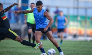 Grêmio em campo, no segundo jogo-treino da pré temporada de 2025. (Foto: Lucas Uebel/GFBPA)