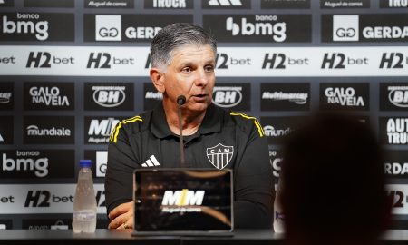 Guilherme Dalla Déa durante entrevista coletiva após o empate do Atlético-MG com o Democrata. (Foto: Daniela Veiga/Atlético-MG)