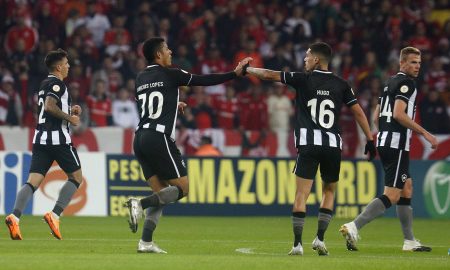 Jogadores do Botafogo comemorando a vitória sobre o Internacional. (Foto: Vitor Silva/Botafogo)