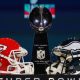 Capacetes do Chiefs e dos Eagles frente à frente com o troféu do Super Bowl