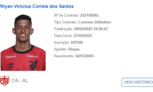 Rhyan tem nome publicado no BID da CBF como jogador do CRB. (Foto: Reprodução)