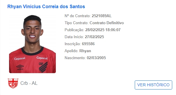 Rhyan tem nome publicado no BID da CBF como jogador do CRB. (Foto: Reprodução)